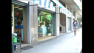 Horny shemale fucked in a public toilet